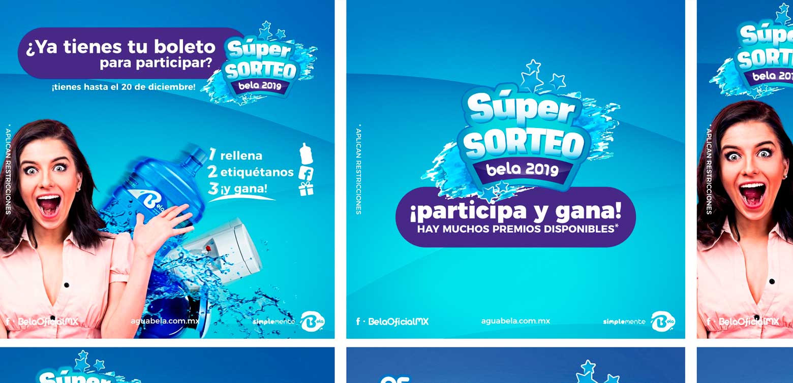 Diseño publicitario campaña sorteo audio fotografía agua purificada embotellada bela